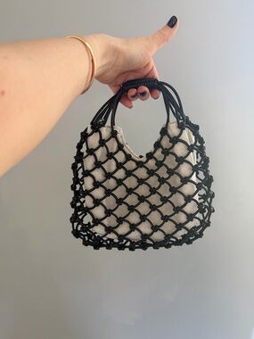 Zara Black Knotted Net Mini Bag with Cream Pouch
